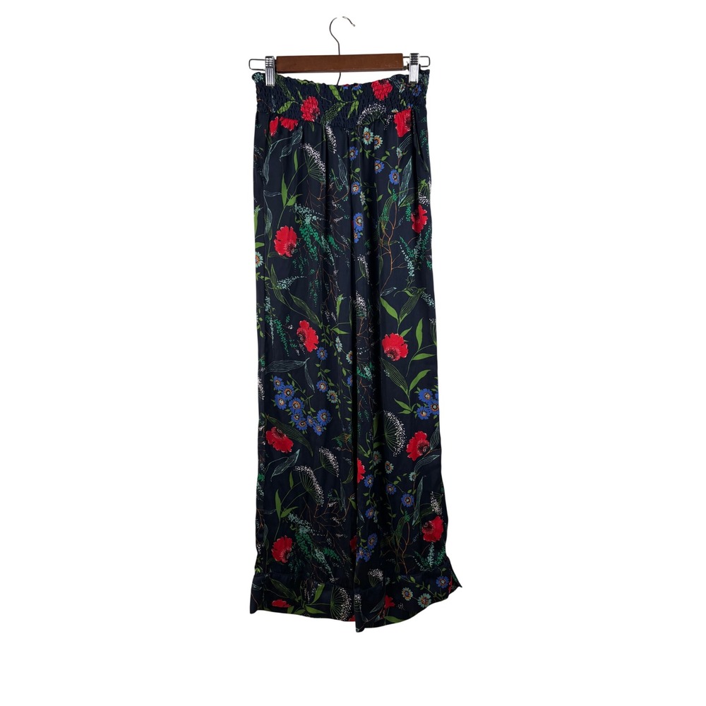 Aerie Wide Leg Pants Womens Small Navy Blue Floral Smocked High Waist 3992